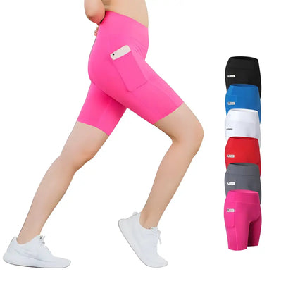 Pink athletic Pocket Power Yoga Shorts with a phone pocket for all seasons fun