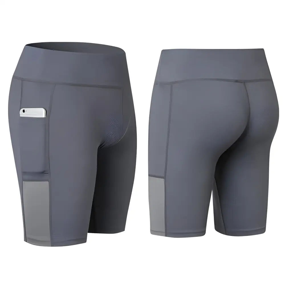 Gray Pocket Power Yoga Shorts with pockets, perfect for all seasons and workouts