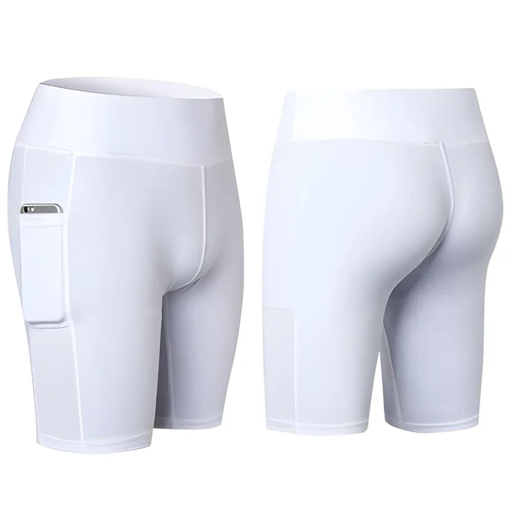 White athletic Pocket Power Yoga Shorts with pockets for all seasons and a phone pocket