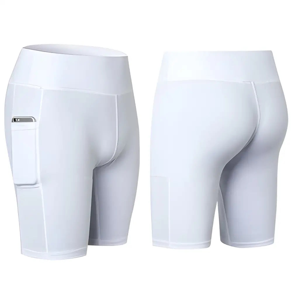 White Pocket Power Yoga Shorts with pockets, perfect for all seasons and holding your phone