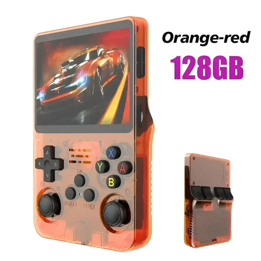 Orange-red handheld gaming console featured in Pocket Powerhouse Gaming Deals