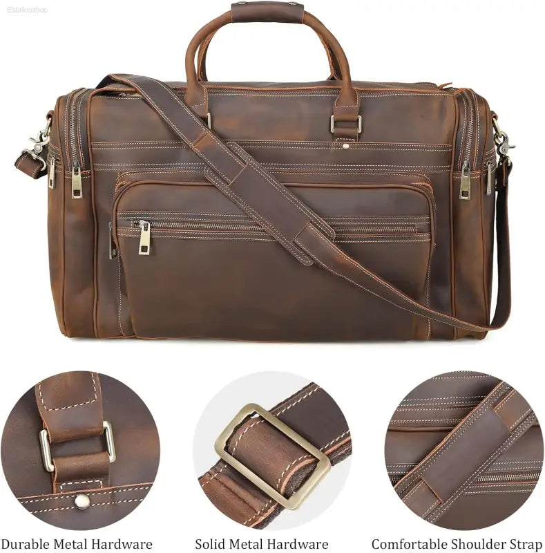 Polare 24" Retro Full Grain Leather Duffel Bag - Stylish Weekender Travel Luggage with Durable YKK Metal Zippers