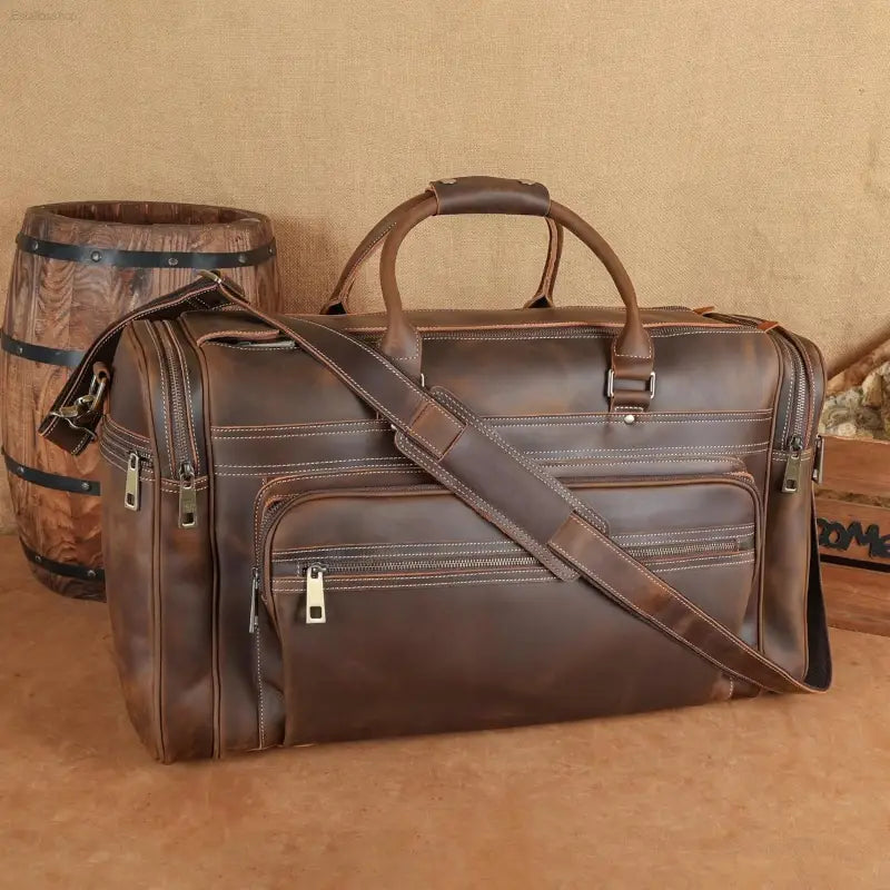 Polare 24" Retro Full Grain Leather Duffel Bag - Stylish Weekender Travel Luggage with Durable YKK Metal Zippers