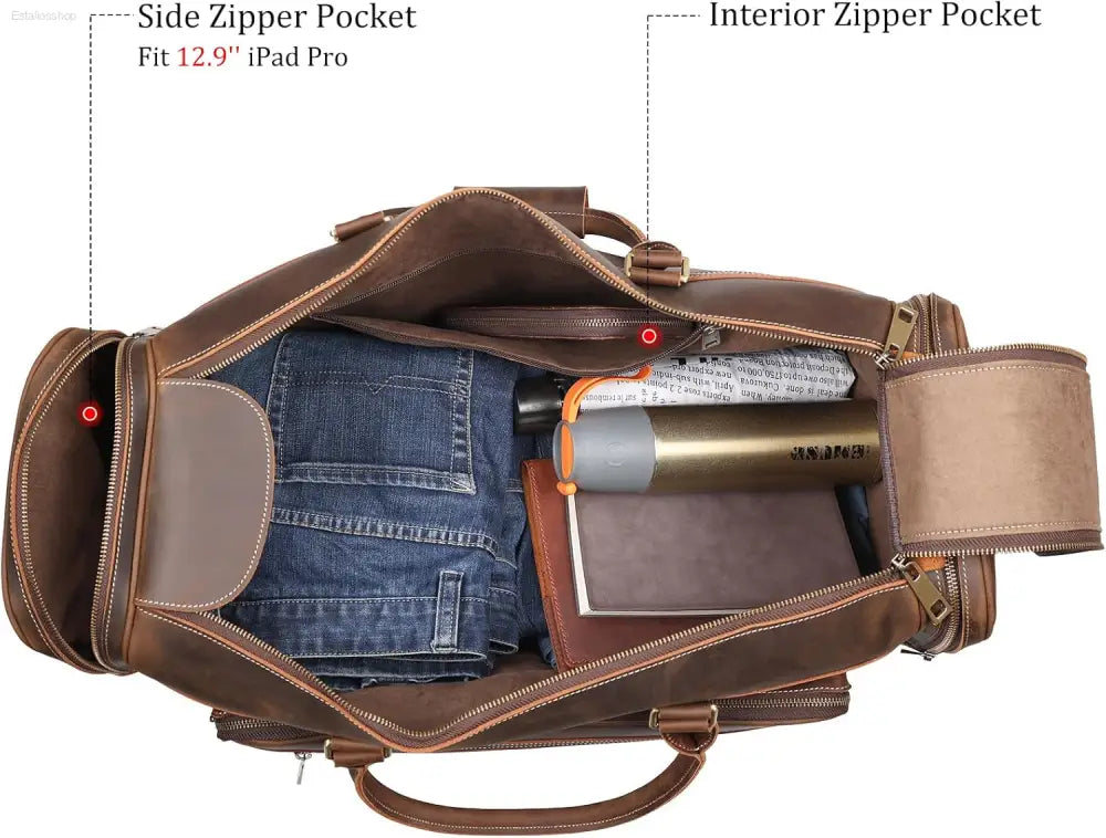 Polare 24" Retro Full Grain Leather Duffel Bag - Stylish Weekender Travel Luggage with Durable YKK Metal Zippers