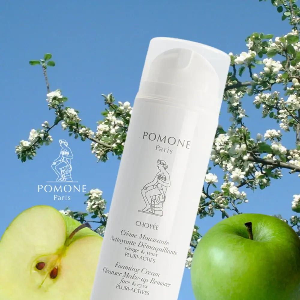 White bottle of Pomone Paris Apple Pluri-Actives Foaming Cleanser for glowing skin