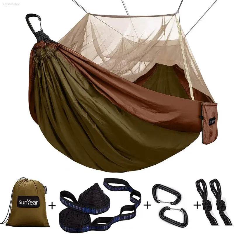 Portable Camping Hammock - Double & Single with Mosquito Net, Perfect for Outdoor Adventures & Travel, Includes 2 x 10ft Straps - Estalios