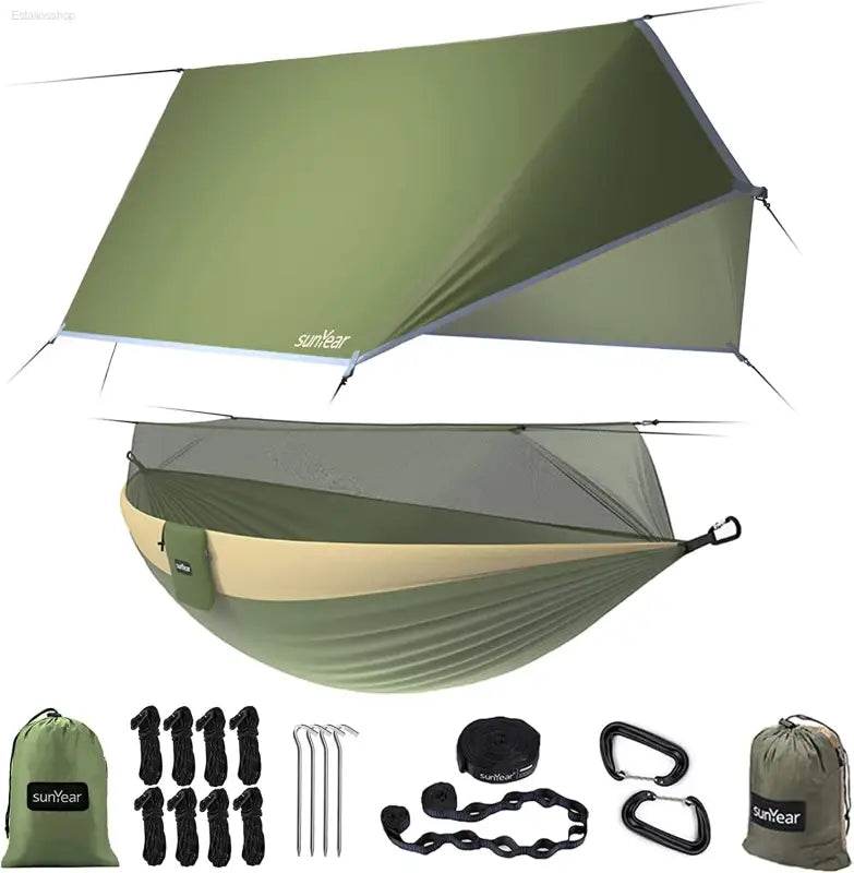 Portable Camping Hammock - Double & Single with Mosquito Net, Perfect for Outdoor Adventures & Travel, Includes 2 x 10ft Straps - Estalios
