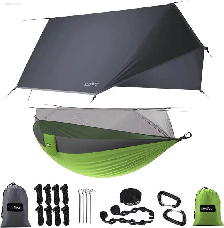 Portable Camping Hammock - Double & Single with Mosquito Net, Perfect for Outdoor Adventures & Travel, Includes 2 x 10ft Straps - Estalios
