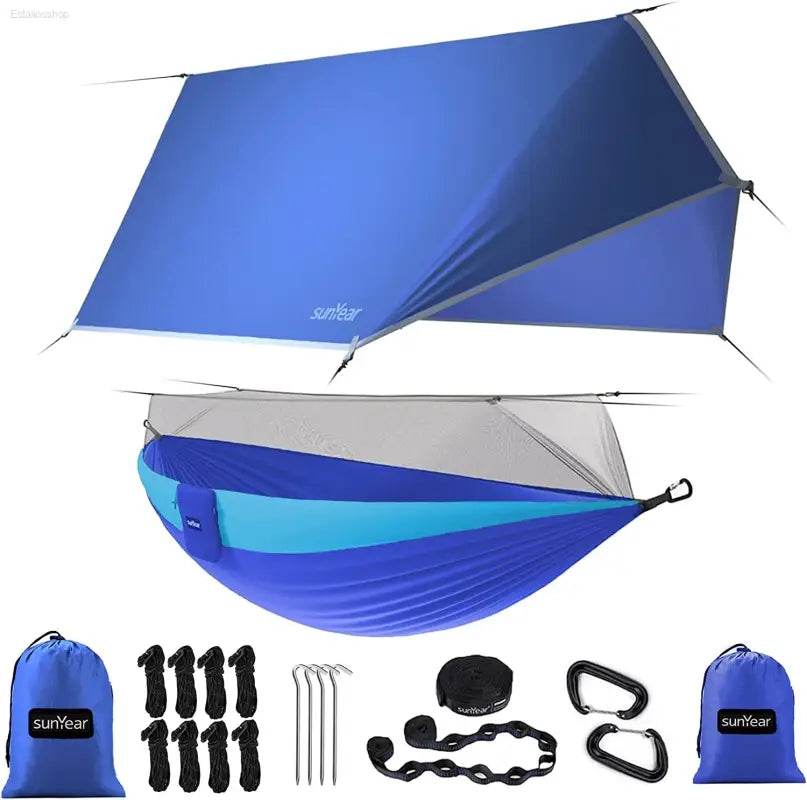 Portable Camping Hammock - Double & Single with Mosquito Net, Perfect for Outdoor Adventures & Travel, Includes 2 x 10ft Straps - Estalios