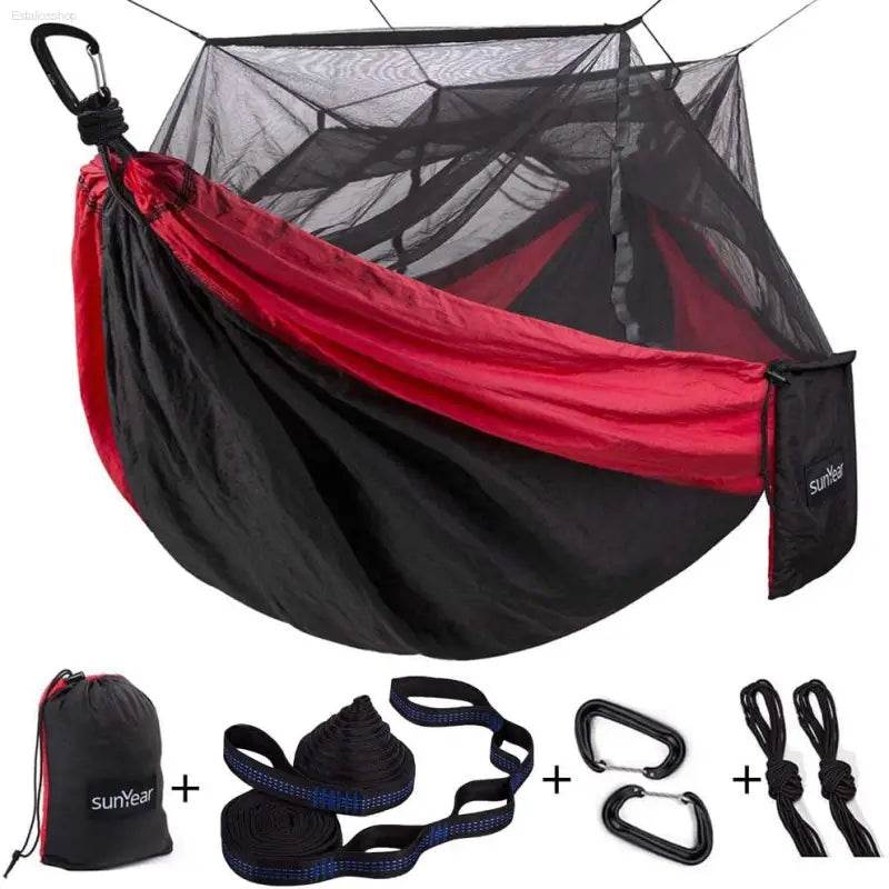 Portable Camping Hammock - Double & Single with Mosquito Net, Perfect for Outdoor Adventures & Travel, Includes 2 x 10ft Straps - Estalios