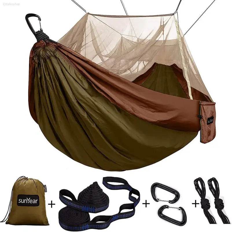Portable Camping Hammock - Double & Single with Mosquito Net, Perfect for Outdoor Adventures & Travel, Includes 2 x 10ft Straps - Estalios