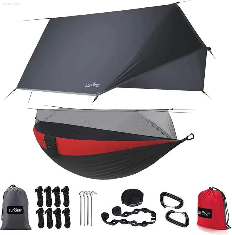 Portable Camping Hammock - Double & Single with Mosquito Net, Perfect for Outdoor Adventures & Travel, Includes 2 x 10ft Straps - Estalios