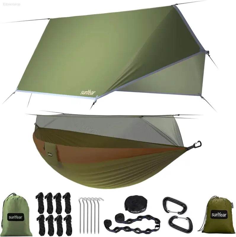 Portable Camping Hammock - Double & Single with Mosquito Net, Perfect for Outdoor Adventures & Travel, Includes 2 x 10ft Straps - Estalios