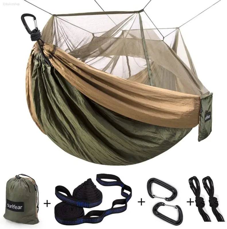 Portable Camping Hammock - Double & Single with Mosquito Net, Perfect for Outdoor Adventures & Travel, Includes 2 x 10ft Straps - Estalios