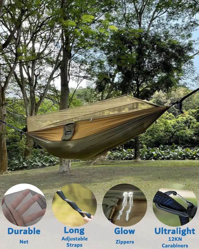 Portable Camping Hammock - Double & Single with Mosquito Net, Perfect for Outdoor Adventures & Travel, Includes 2 x 10ft Straps - Estalios