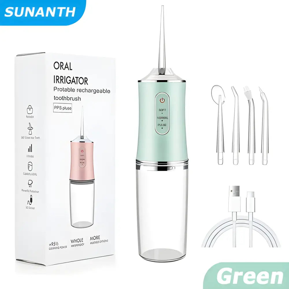 Green Portable Cordless Teeth Cleaning Power with accessories for quick travel oral irrigator