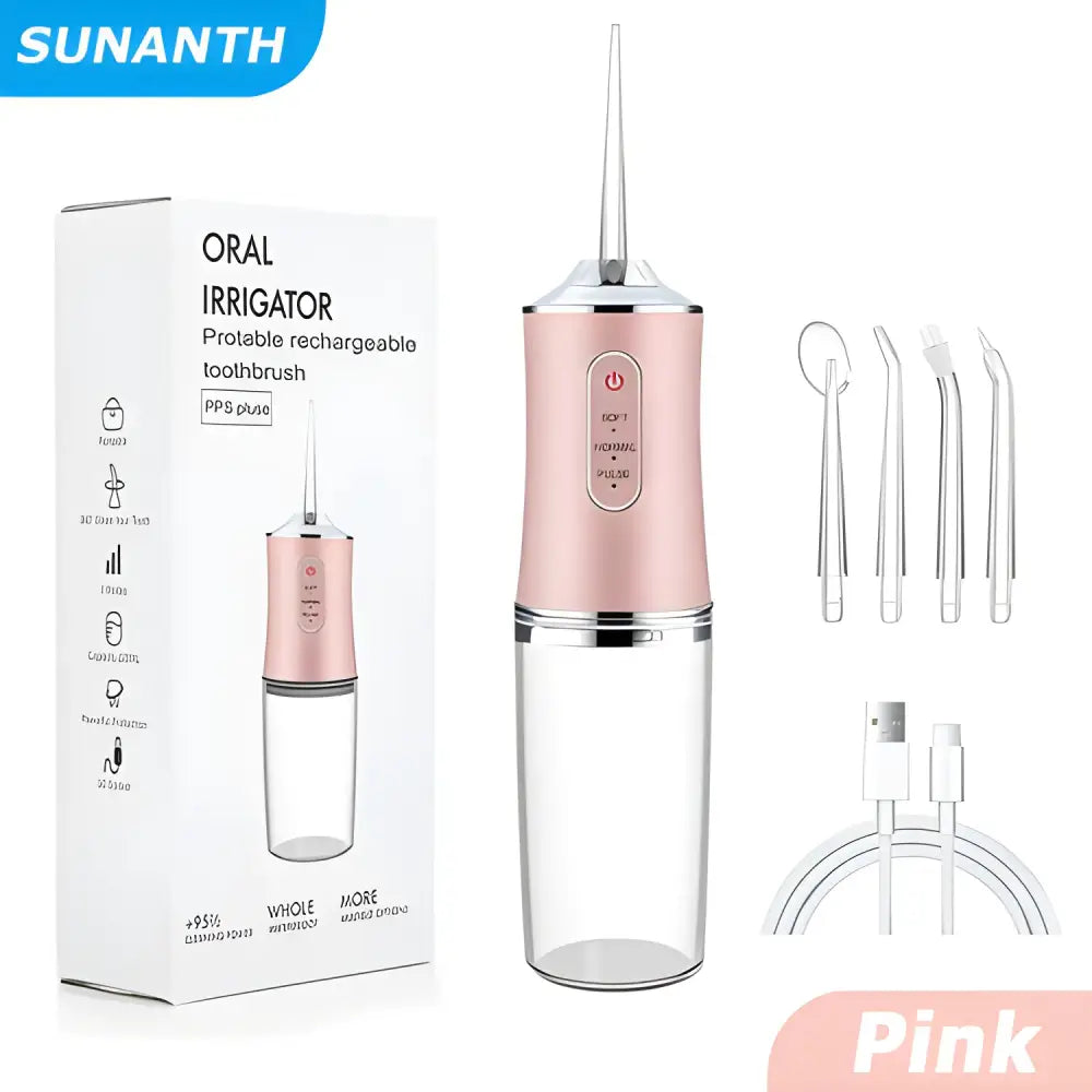 Pink Portable Cordless Teeth Cleaning Power with accessories for easy travel oral irrigator