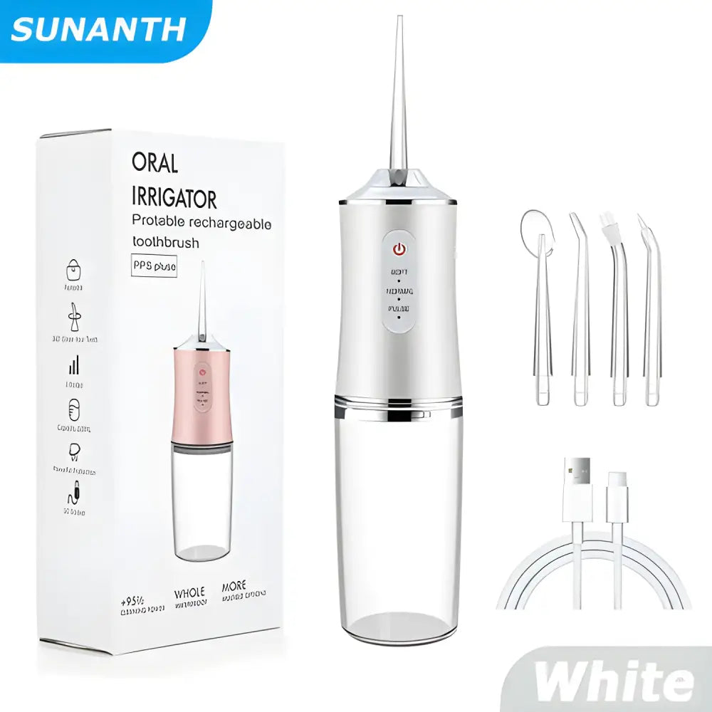 White Portable Cordless Teeth Cleaning Power with accessories for easy travel oral irrigator