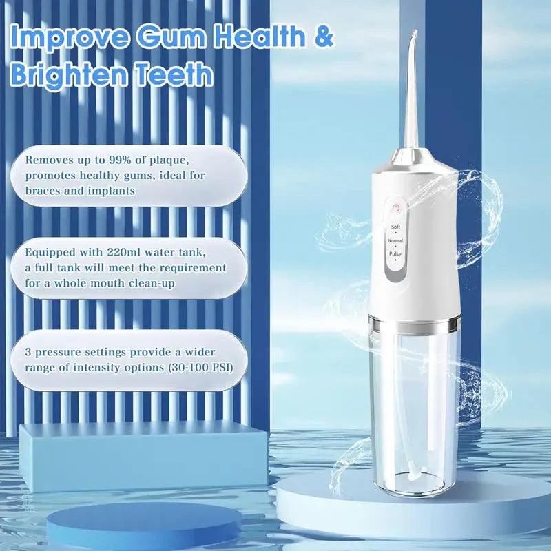 White and clear Portable Cordless Teeth Cleaning Power, the perfect travel oral irrigator