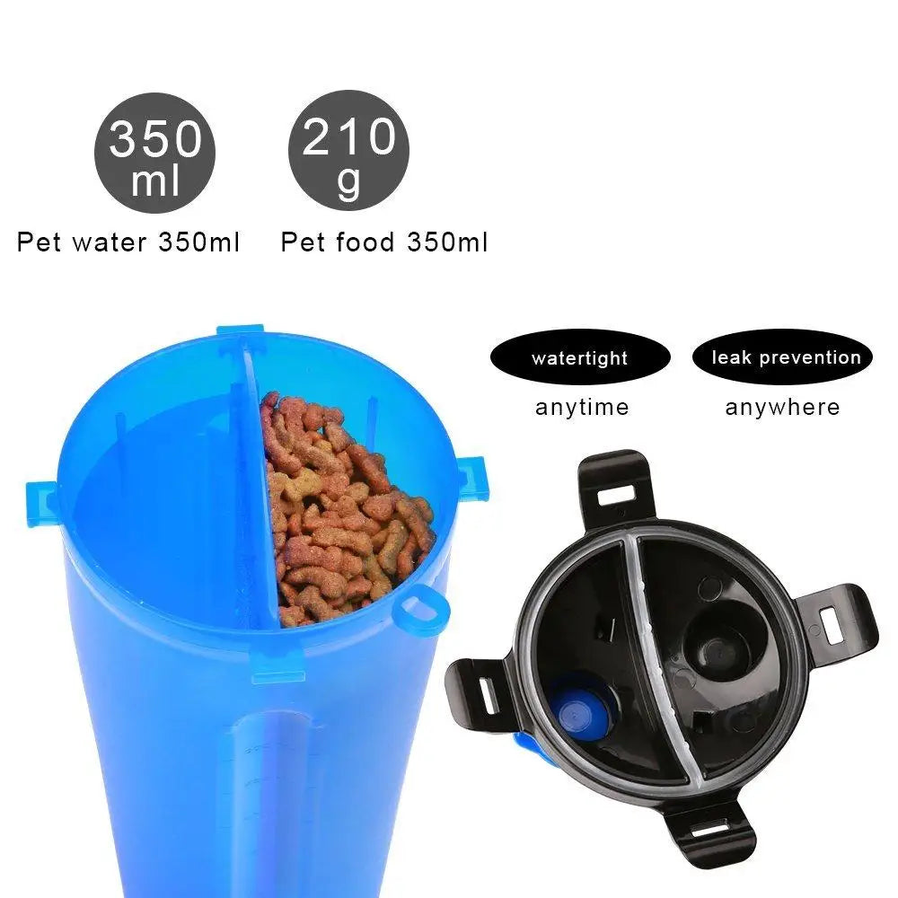 Blue Portable Dog Bowl & Drinking Water Bottle with a divided interior for dog drinking water