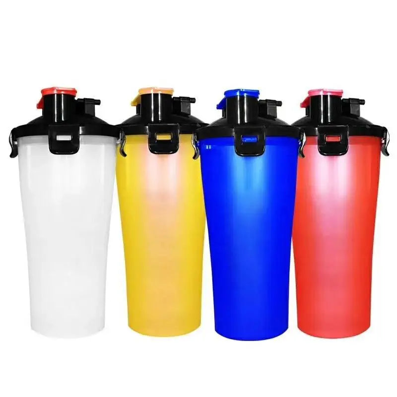 Four colorful plastic dual-chambered water bottles for dog drinking water and travel