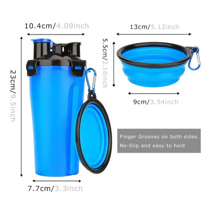 Blue Portable Dog Bowl and Drinking Water Bottle with collapsible silicone bowl