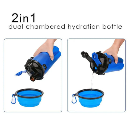 Blue dual-chambered hydration bottle with collapsible silicone bowl for dog drinking water