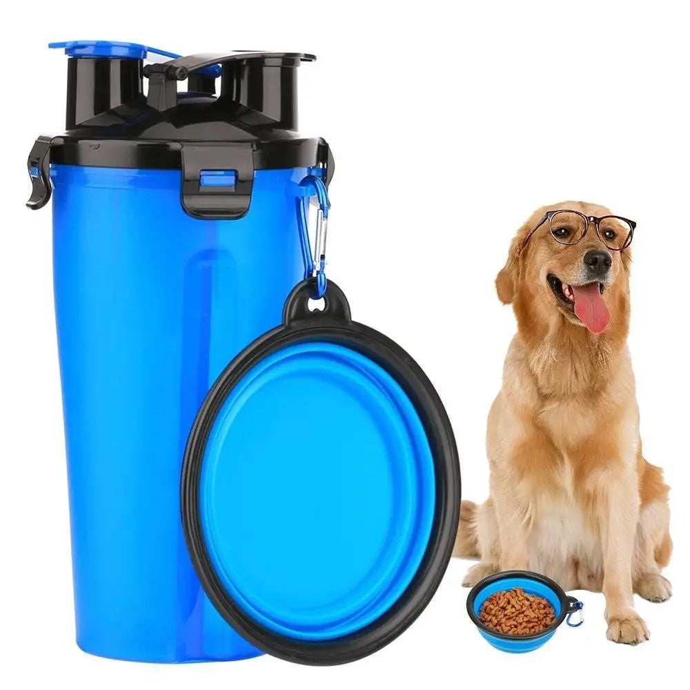 Blue pet water and food container with collapsible silicone bowl for dog drinking water