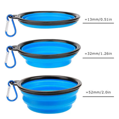 Collapsible blue pet bowls with carabiner clips for dog drinking water on the go