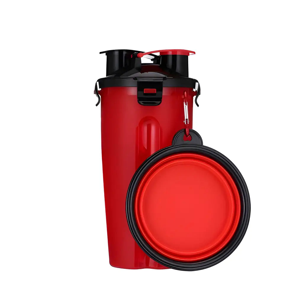 Red Portable Dog Bowl and Drinking Water Bottle with Collapsible Silicone Bowl