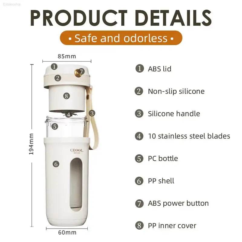 Ultimate Portable Electric Blender - 10 Stainless Steel Blades, USB Rechargeable Mini Juice Maker for Fresh Fruit Smoothies - Estalios