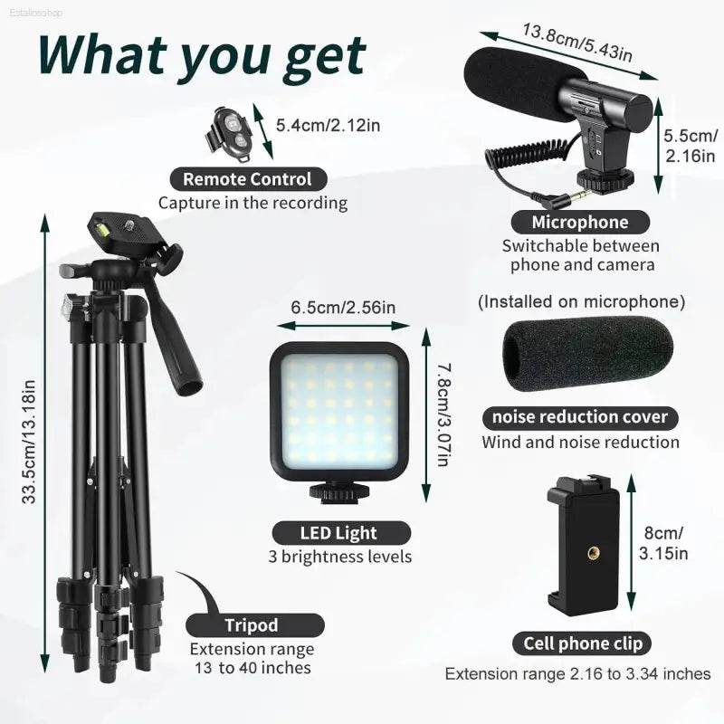 Portable Vlogging Kit with Tripod, Microphone, LED Light - Estalios