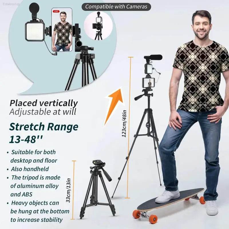 Portable Vlogging Kit with Tripod, Microphone, LED Light - Estalios