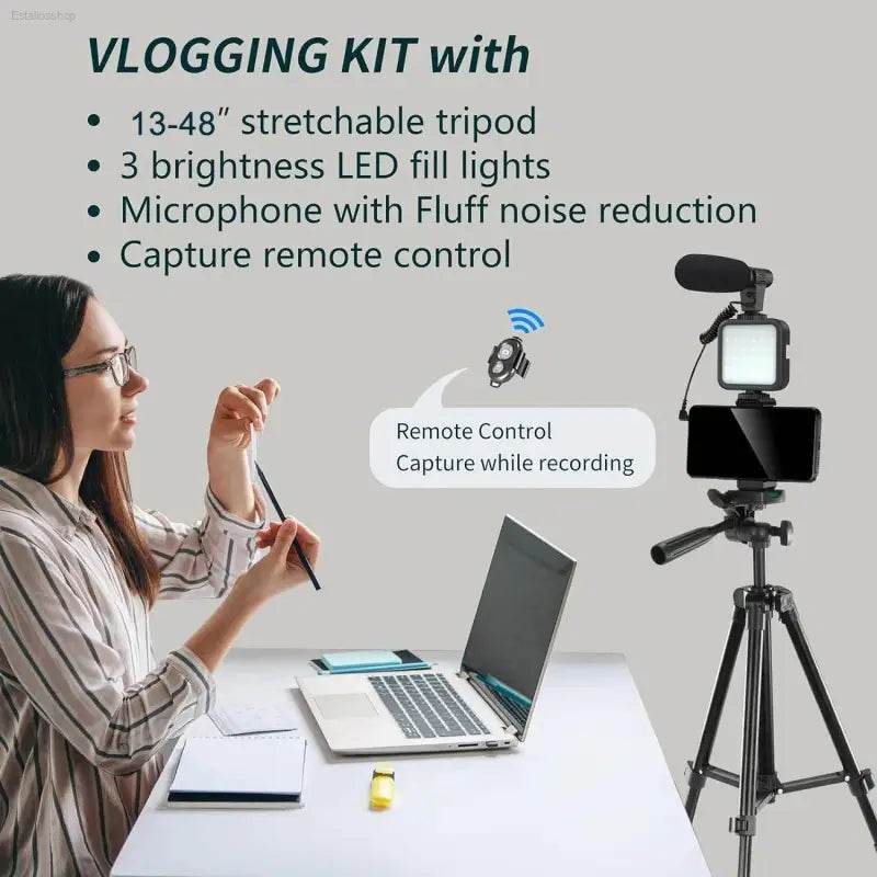 Portable Vlogging Kit with Tripod, Microphone, LED Light - Estalios