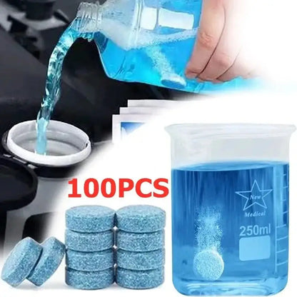 Windshield washer tablet fizzing in blue liquid for Power Tabs Blast Clean Car & Laundry