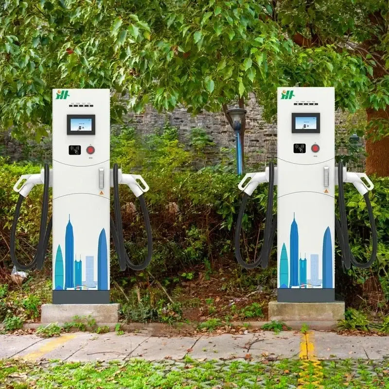 Dual electric vehicle charging stations hidden width for convenient EV power ups