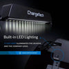 Black charging station with LED lighting.