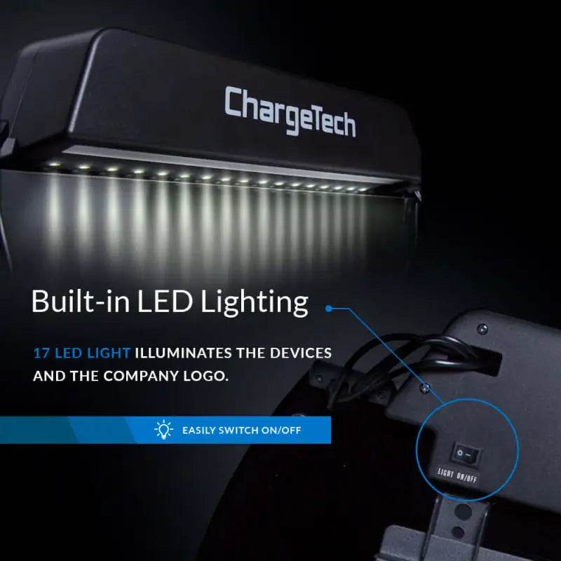Black charging station with LED lighting.