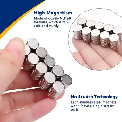 Super strong neodymium disc magnets stacked in shiny round formations