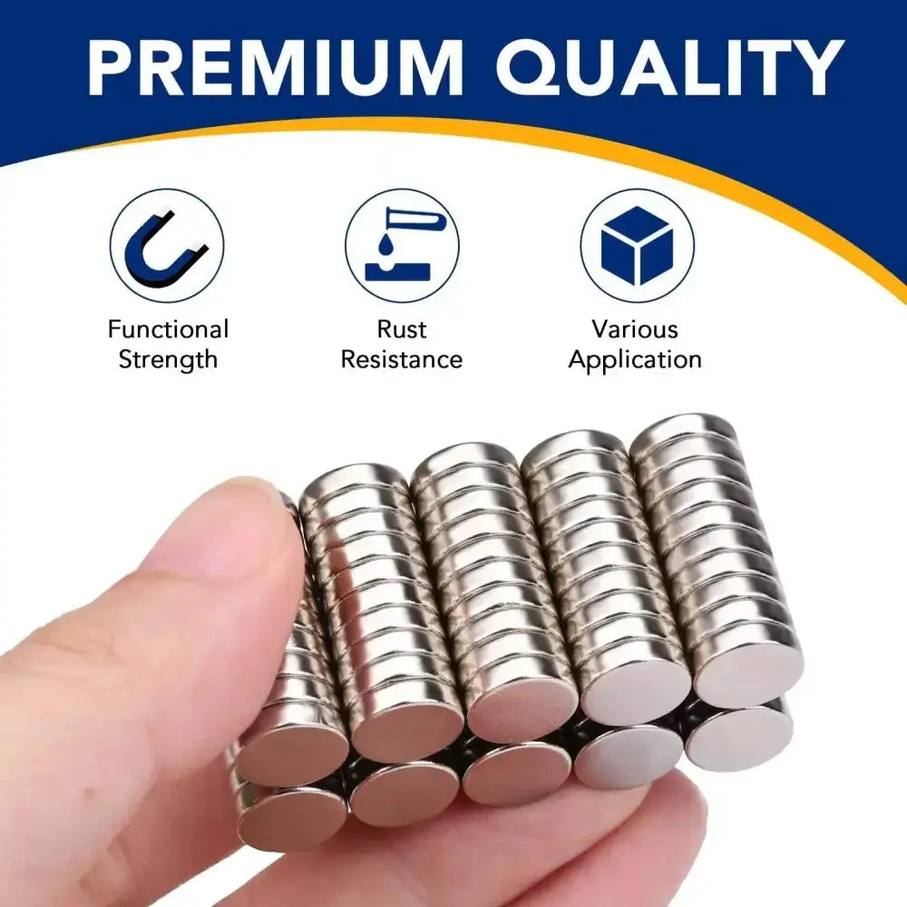 Cylindrical super strong Neodymium disc magnets stacked in hand for powerful rare earth use