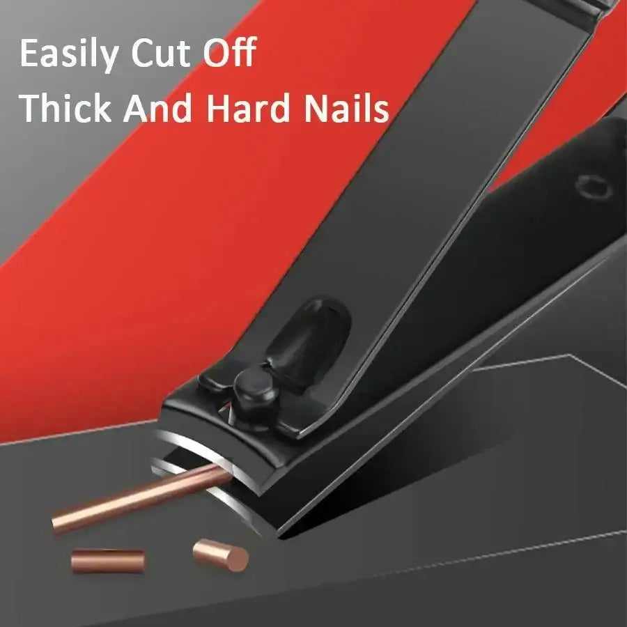 Black nail clipper effortlessly cutting copper rods from a Powerful Personal Care Manicure Set