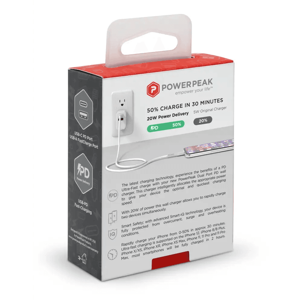 PowerPeak PD Wall Dual Port Charger 20W for Fast Charging - Estalios