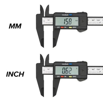 Digital calipers showing metric and imperial measurements in Precision Carbon Fiber Digital Caliper