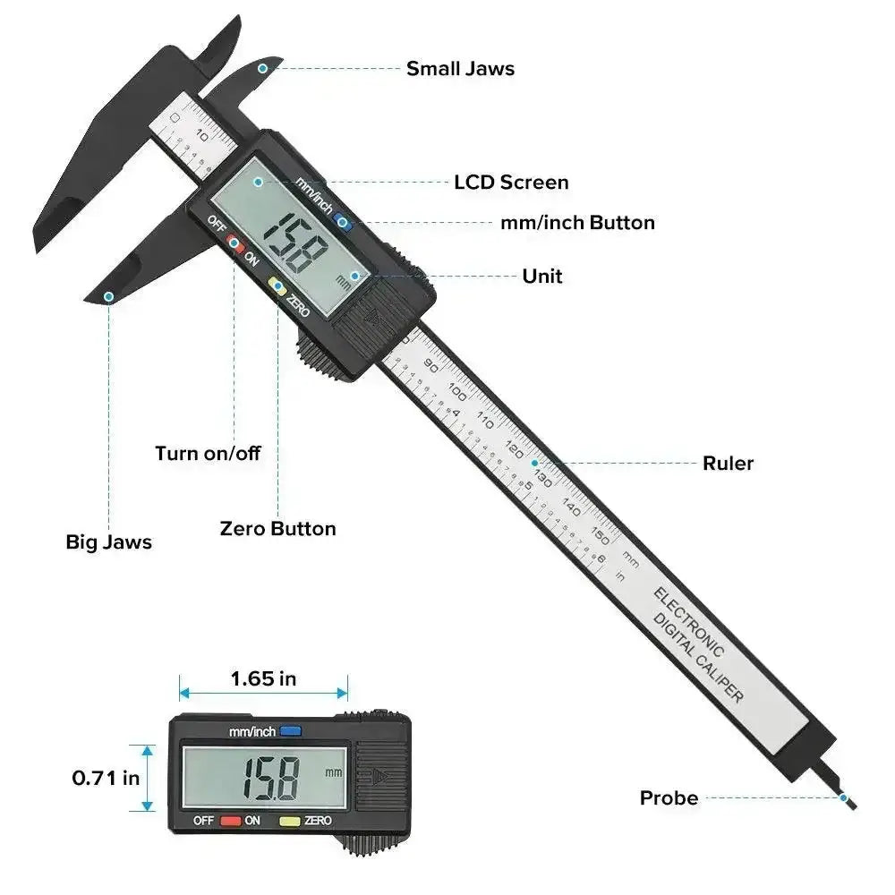 Electronic digital caliper with labeled parts showcasing the Precision Carbon Fiber Digital Caliper