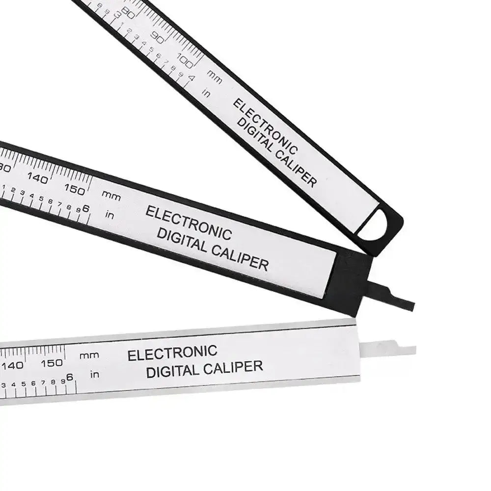 Electronic digital caliper featuring carbon fiber design with inch and millimeter scales