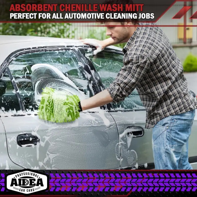 Premium  Microfiber Car Wash Mitts - 2 Pack, Scratch-Free & Lint-Free Chenille, Regular Size 7.12" x 10.14", Green