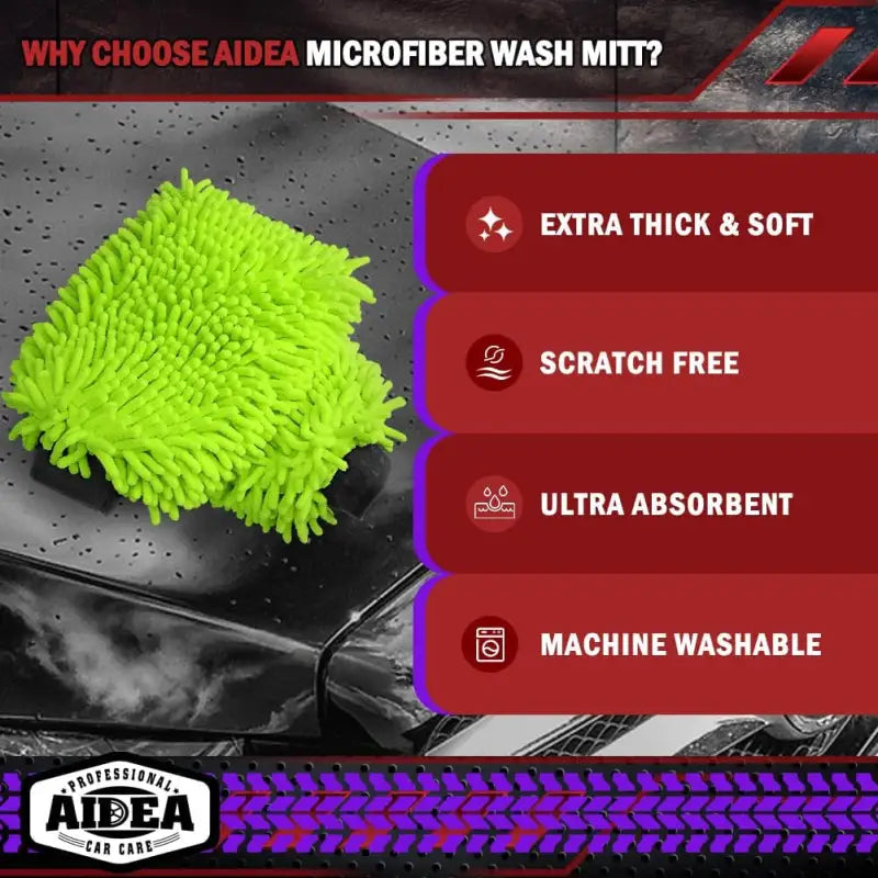Premium  Microfiber Car Wash Mitts - 2 Pack, Scratch-Free & Lint-Free Chenille, Regular Size 7.12" x 10.14", Green