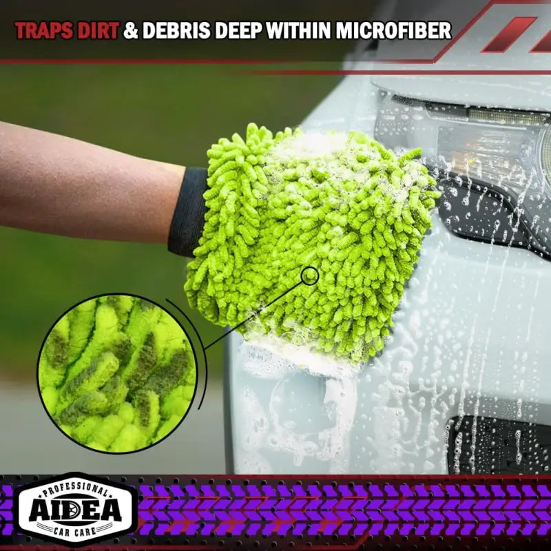 Premium  Microfiber Car Wash Mitts - 2 Pack, Scratch-Free & Lint-Free Chenille, Regular Size 7.12" x 10.14", Green