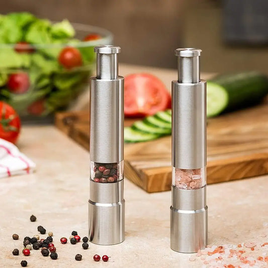 Premium Stainless Steel Spice Grinder Set featuring stylish salt and pepper grinders