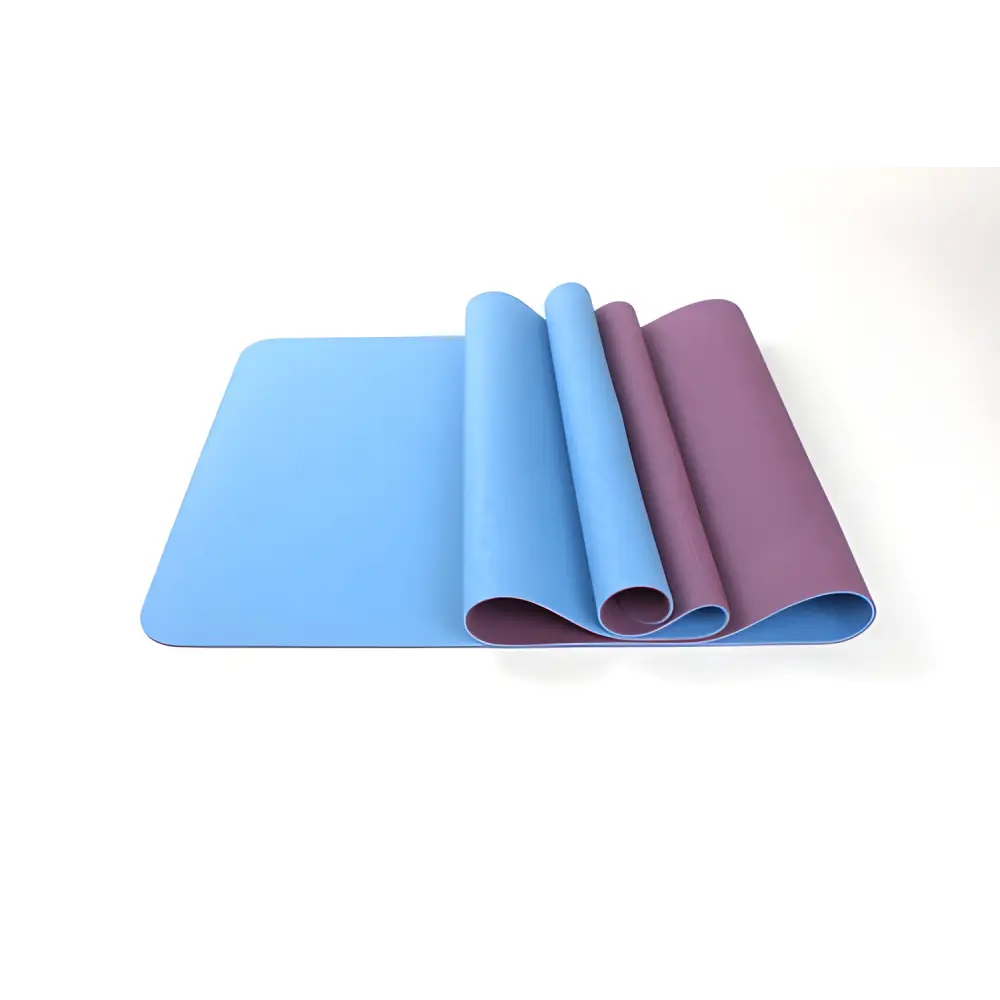 Partially rolled blue and purple TPE Premium Yoga Mat, perfect for your practice